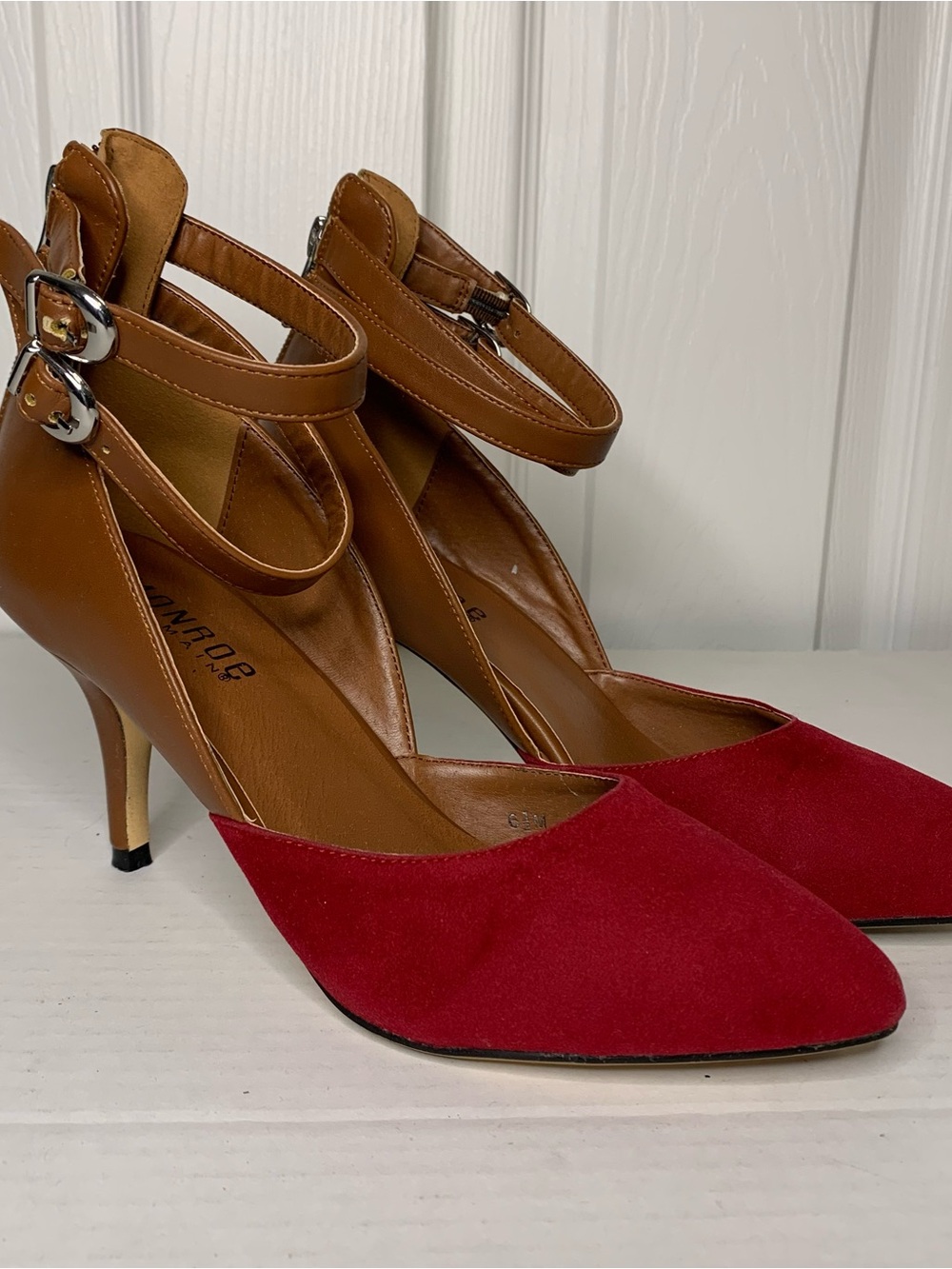 Monroe Two-Tone Red and Tan Ankle-Strap Mid Heel Pumps